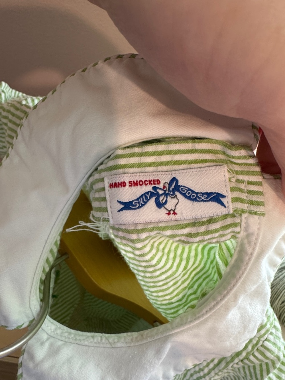 Silly Goose Green Striped Smocked Baby Romper with Peter Pan Collar - Picture 6 of 7